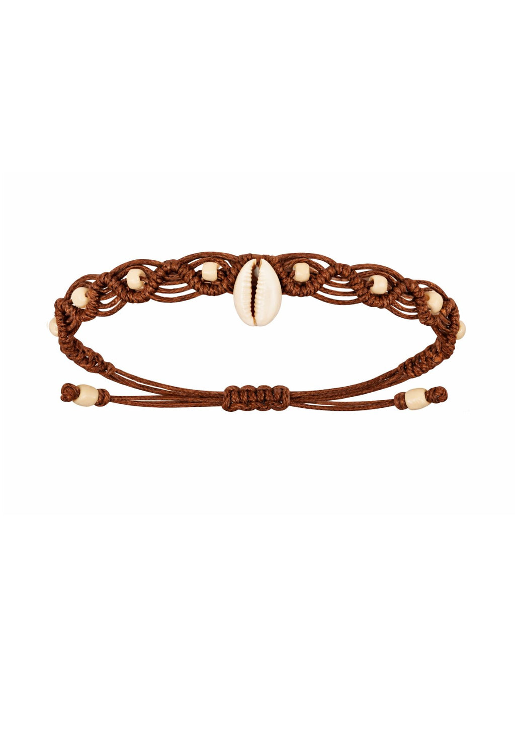 Brown macrame anklet with a shell charm on a white background