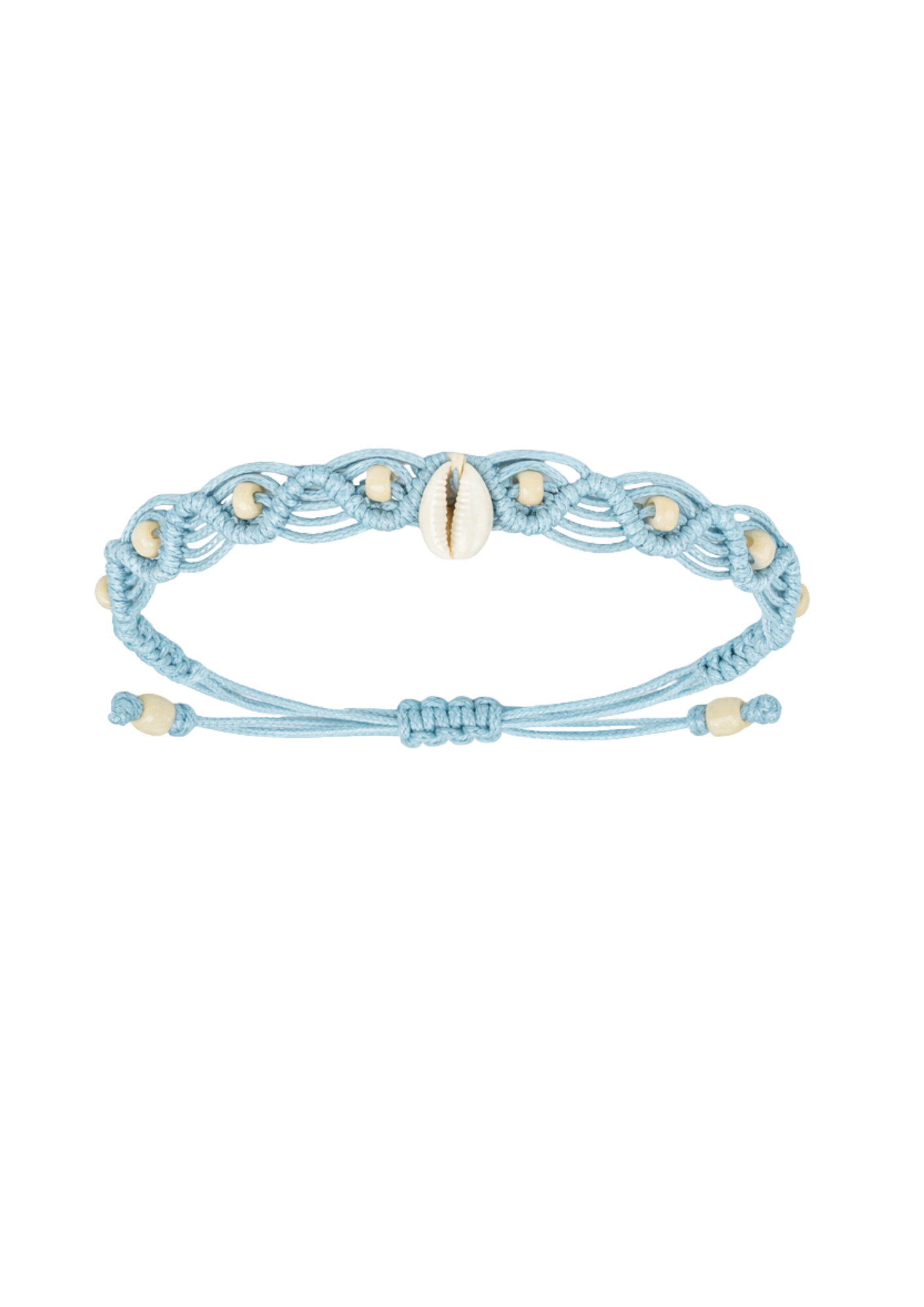 Light blue macrame bracelet with Shell and wooden beads on a white background