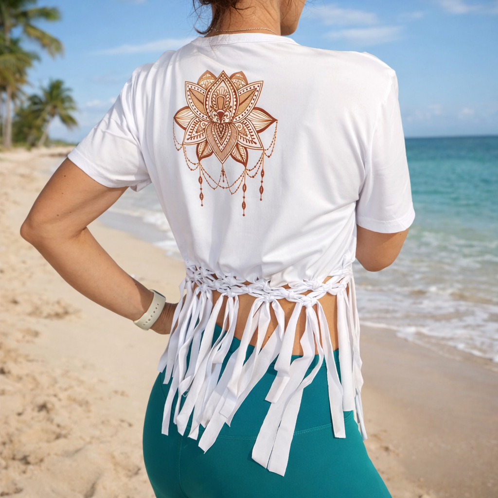 Person wearing a white t-shirt with a mandala design on the beach