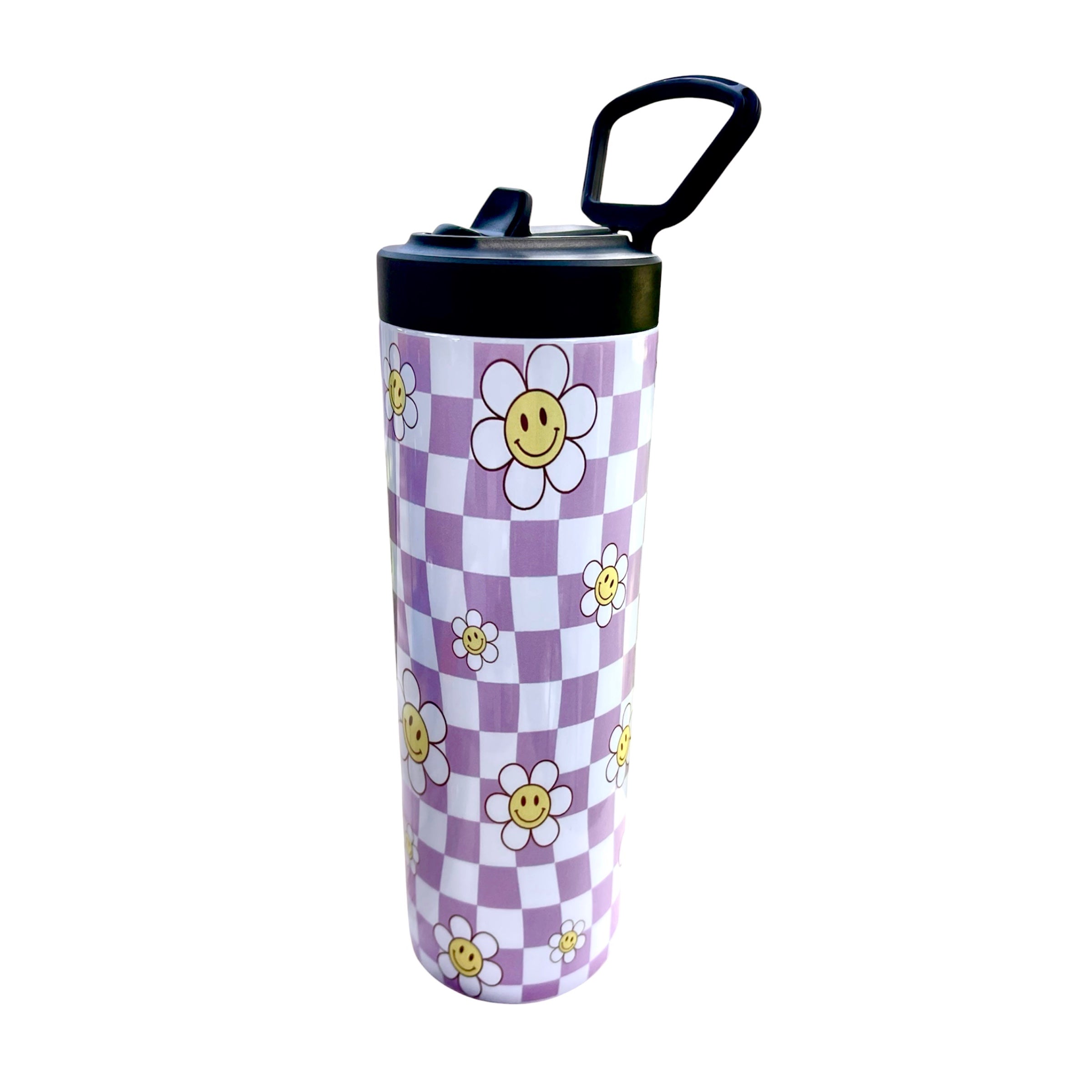 Personalized Daisy Water Bottle – Custom Name Tumbler with Handle, Purple Checkerboard Floral Design 20 OZ
