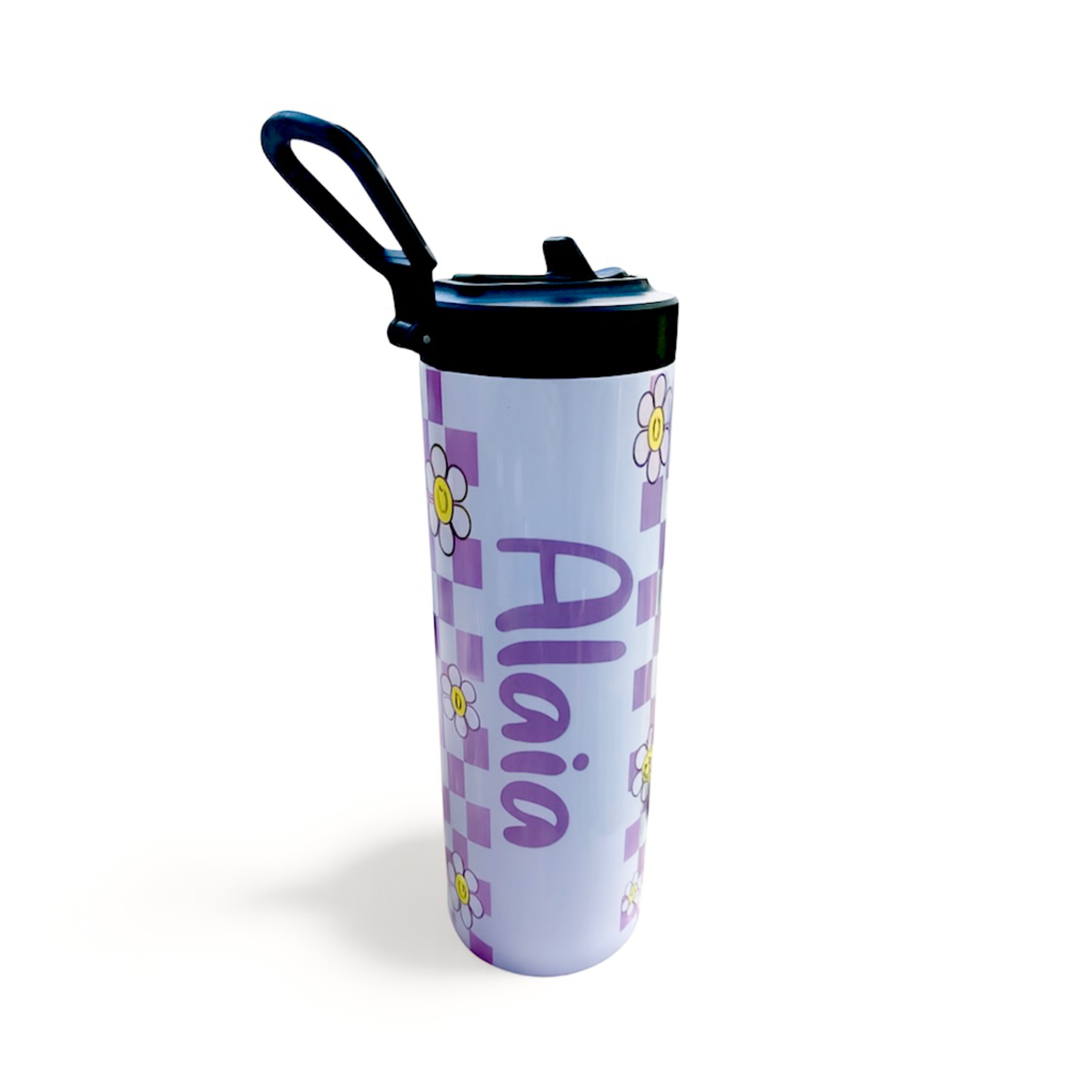 Personalized Daisy Water Bottle – Custom Name Tumbler with Handle, Purple Checkerboard Floral Design 20 OZ