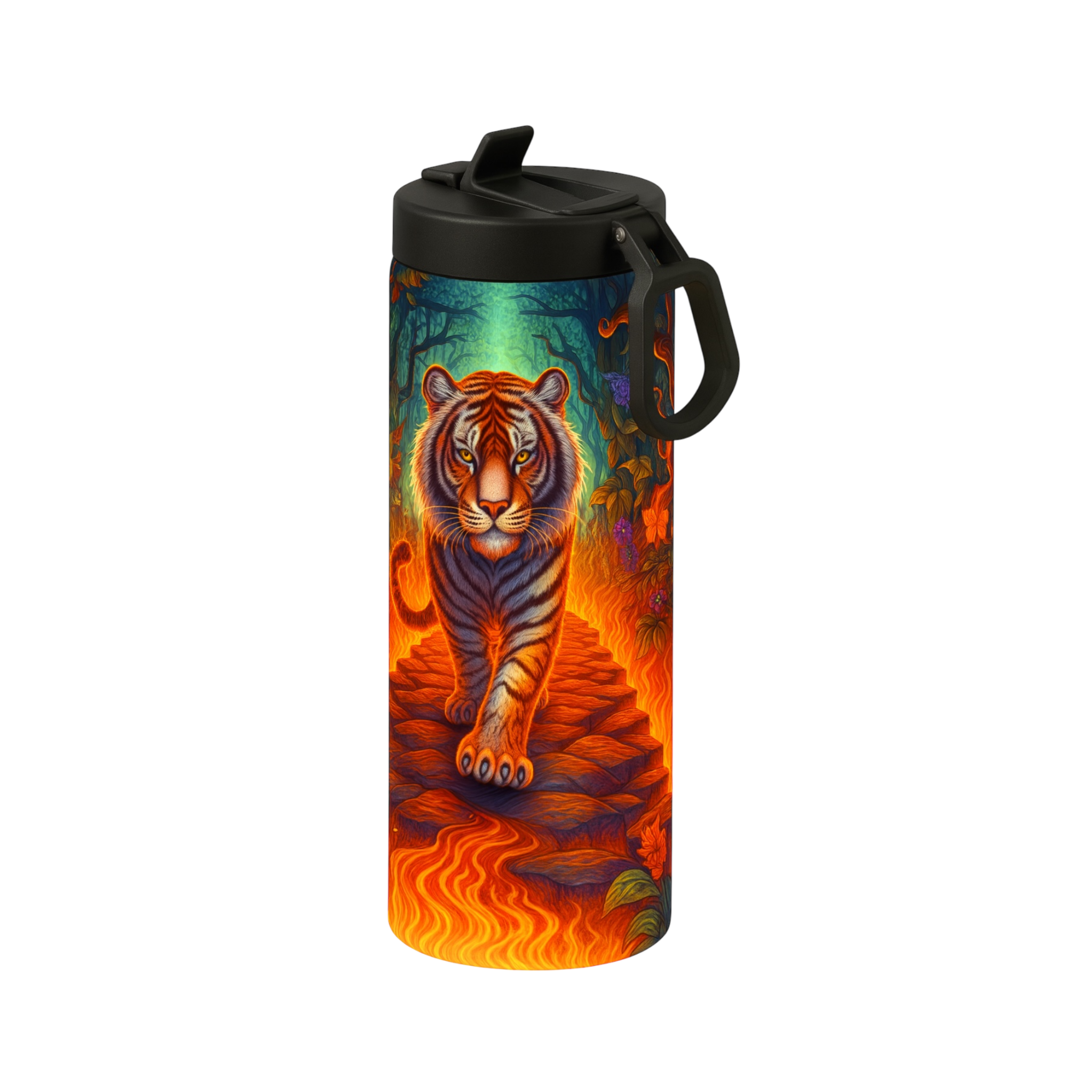 Personalized Tiger Stainless Steel Water Bottle – Jungle Fire Custom Travel Tumbler with Handle 20 OZ