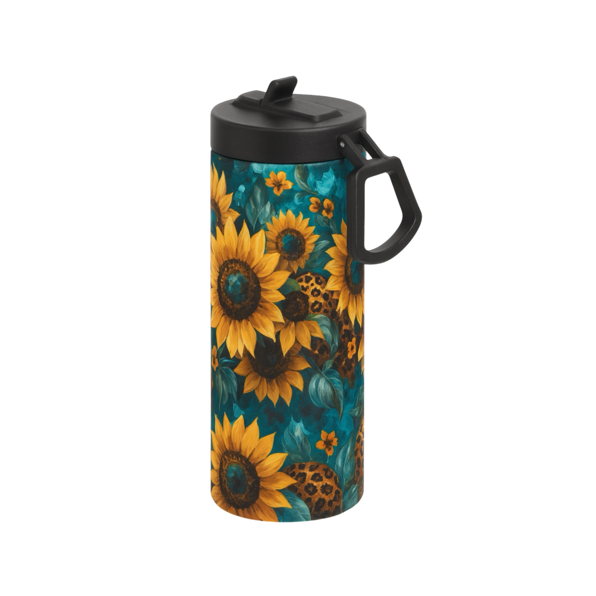 Personalized Sunflower Leopard Stainless Steel Water Bottle – Custom Insulated Tumbler with Handle 20 OZ