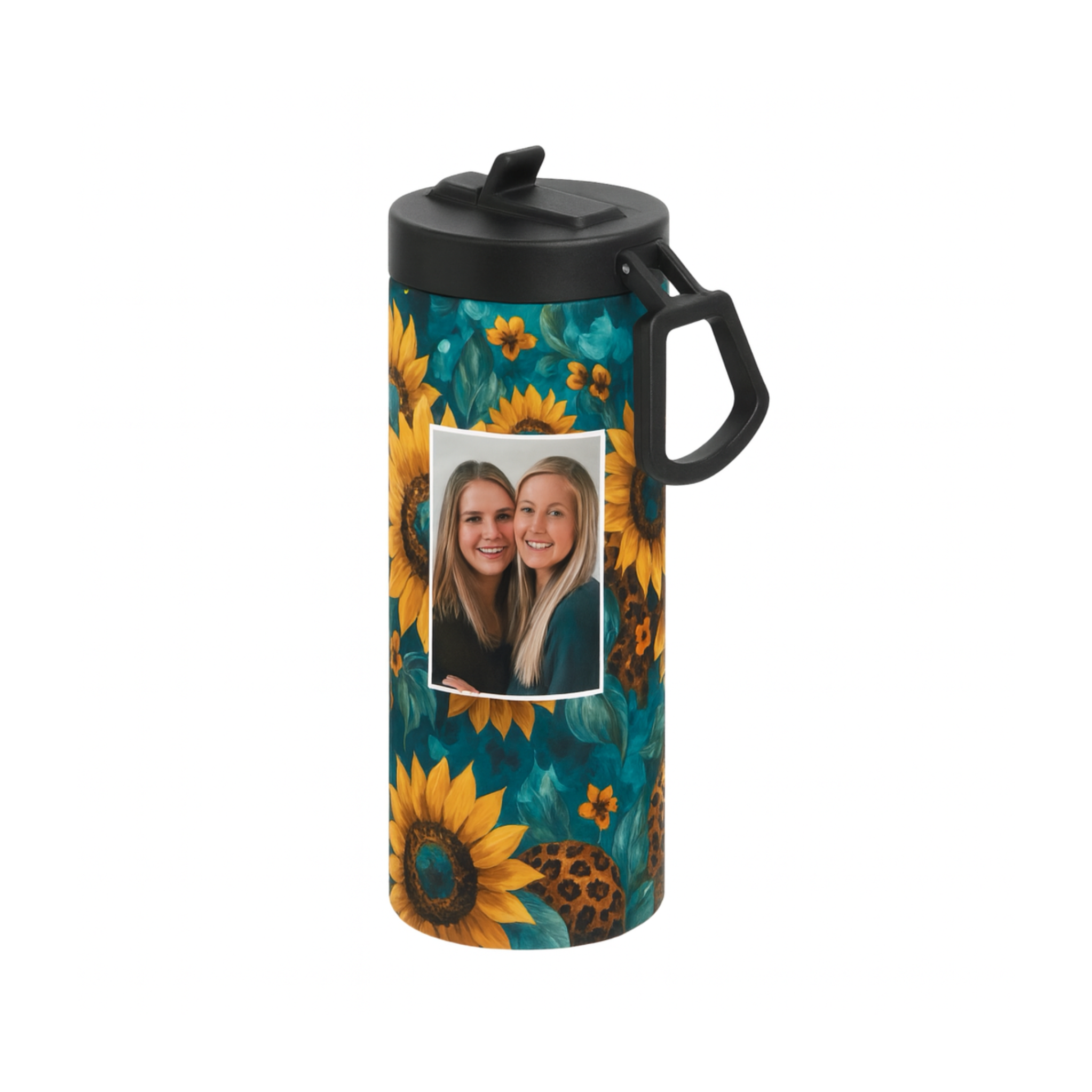 Personalized Sunflower Leopard Stainless Steel Water Bottle – Custom Insulated Tumbler with Handle 20 OZ